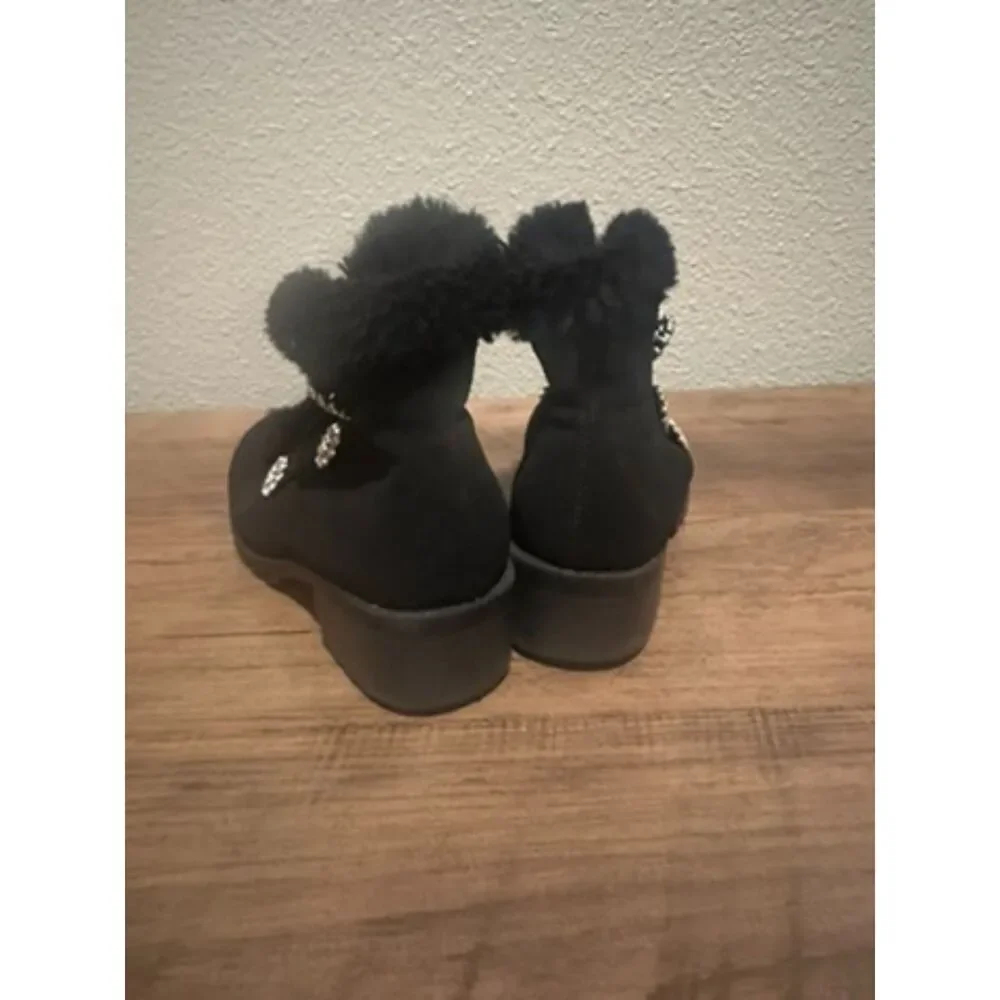 Annie Black Girl Heel Booties with Cute Button/Crystal with Faux Fur Size 11